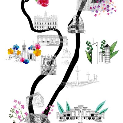 Kunstdruck A3 - Karte von Lyon in voller Blüte
