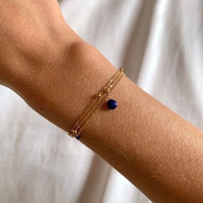 Women's triple row stainless steel bracelet with fine natural stone lapis lazuli chain