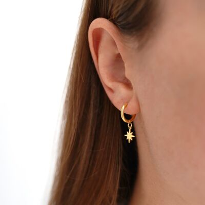 Small stainless steel hoop earrings with gold star pendant