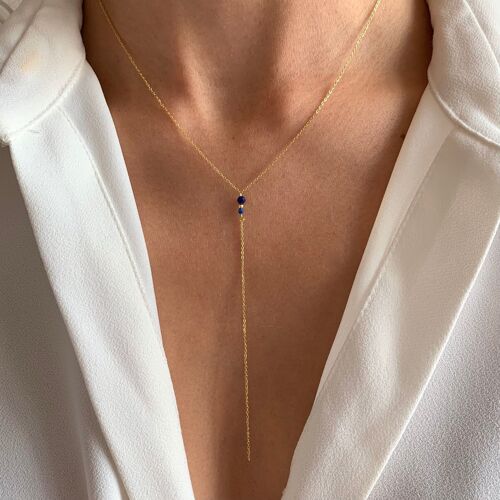 Collier femme long en acier inoxydable perles lapis lazuli bleu foncé