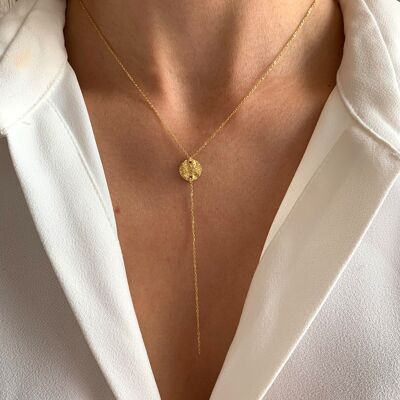 Collier femme long en acier inoxydable pendentif rond martelé