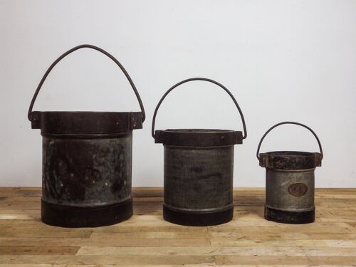 Set of 3 Vintage Galvanised Metal Bucket Planters