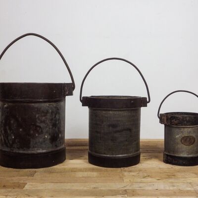 Set of 3 Vintage Galvanised Metal Bucket Planters