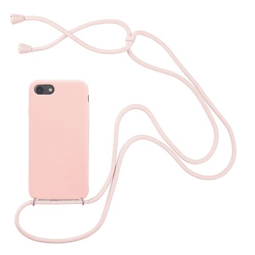 Coque compatible iPhone 7/8/SE silicone liquide avec cordon -  Rose