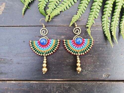 Egyptian earrings,blue agate earrings,blue agate stone,fan earrings,macramé earrings,blue earrings,boho earrings,tribal wild earrings,thai