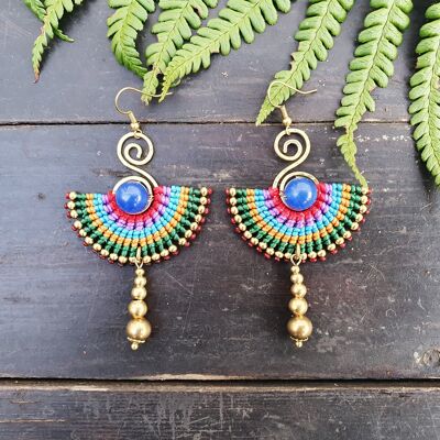 Egyptian earrings,blue agate earrings,blue agate stone,fan earrings,macramé earrings,blue earrings,boho earrings,tribal wild earrings,thai