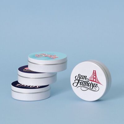Scatole per caramelle diametro 50mm personalizzabili con etichetta bianca