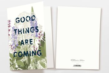 Carte pliante avec enveloppe 'les bonnes choses arrivent' avec des fleurs violettes, certifiée FSC 4