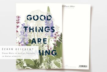 Carte pliante avec enveloppe 'les bonnes choses arrivent' avec des fleurs violettes, certifiée FSC 9