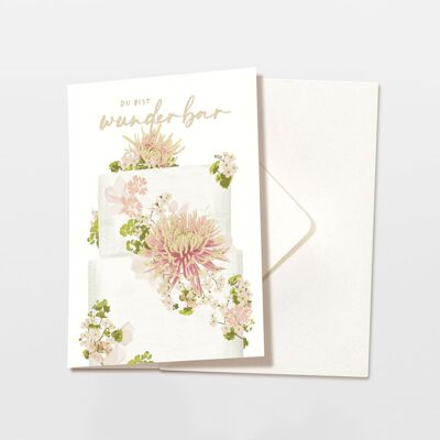 Folding card with envelope cake 'you are wonderful' with pink flowers, FSC certified