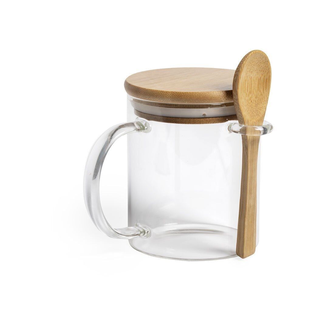Tasse en Verre Borosilicaté de 420 ml avec Anse et Couvercle en Bambou