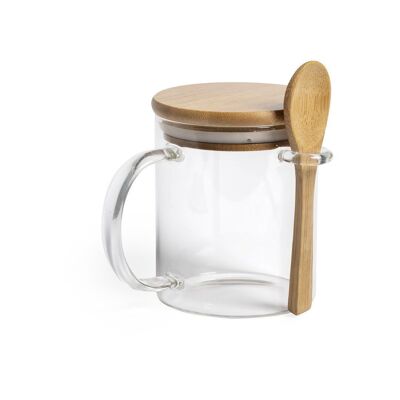 Taza de vidrio borosilicato de 420 ml con asa y tapa de bambú