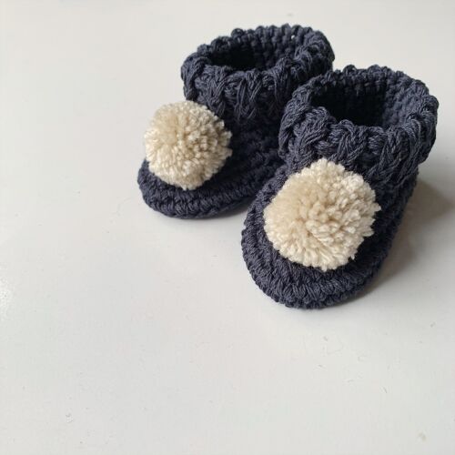 Organic cotton pom pom booties ink with cream pom