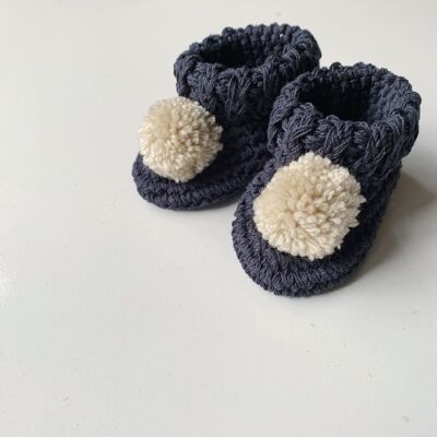 Organic cotton pom pom booties ink with pale pink pom