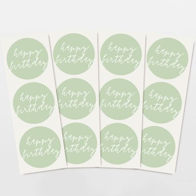 Set de pegatinas con 12 pegatinas con el texto "Feliz cumpleaños" en verde pastel