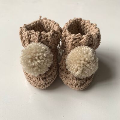 Organic cotton pom pom booties sand with dark grey pom