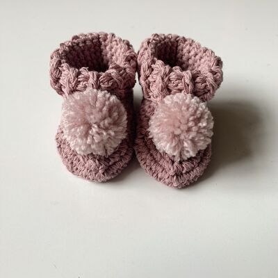 Organic cotton pom pom booties chalky pink with pale pink pom