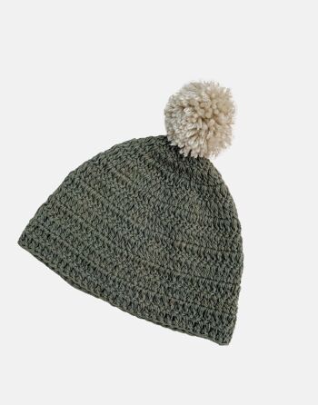 Bonnet pompon coton bio olive