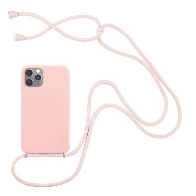 Coque compatible iPhone 11 silicone liquide avec cordon - Rose