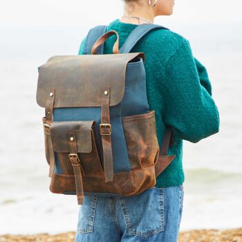 Sac à dos en cuir de buffle et toile bleue 1