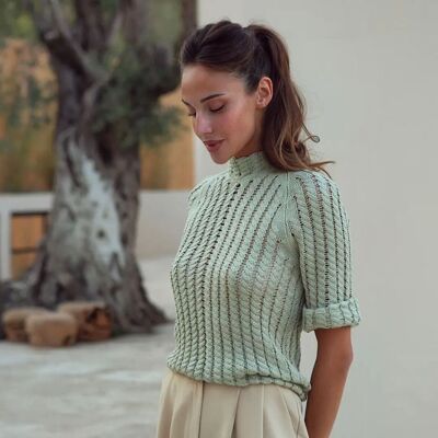 Pull à franges en maille crochetée de coton à manches courtes Provence