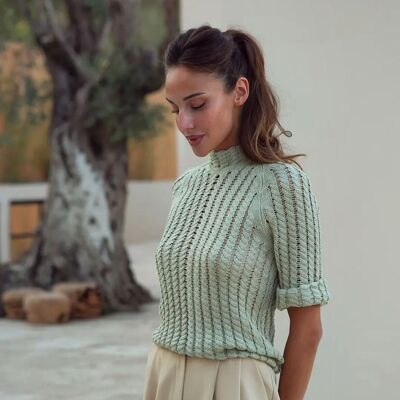 Fringed crochet-knit cotton jumper with short sleeve Provence