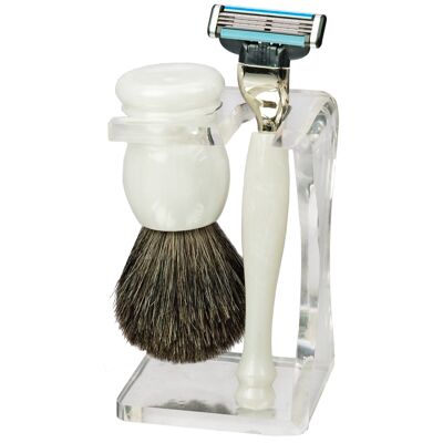 Shaving set, white plastic, pure badger shaving brush, Mach 3 razor
