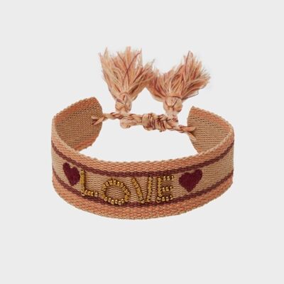 BRACELET TISSU LOVE AVEC PERLES MARRON