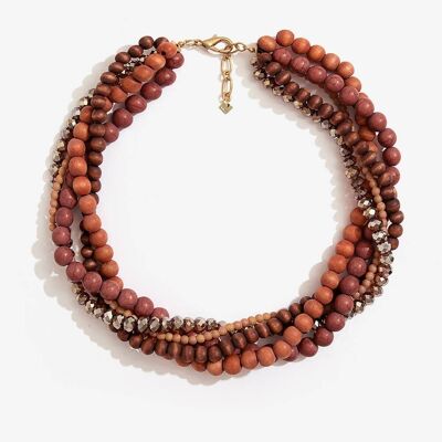 MULTI THREAD CRYSTALS NECKLACE TERRACOTTA WOOD