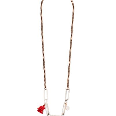 LONG SILVER NECKLACE WITH PEARL HEART AND COIN