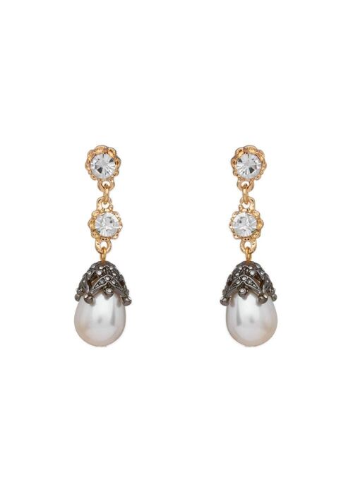 LONG GOLD EARRINGS W/ PEARL & CRYSTALS