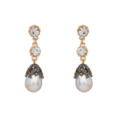 LONG GOLD EARRINGS W/ PEARLS & CRYSTALS