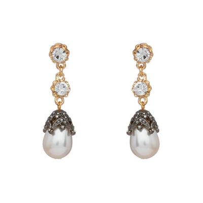 LONG GOLD EARRINGS W/ PEARL & CRYSTALS