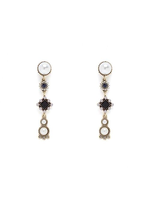 LONG GOLD EARRINGS W/ GRAY & WHITE PEARLS