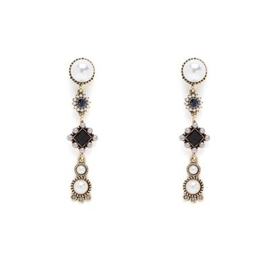 LONG GOLD EARRINGS W/ GRAY & WHITE PEARLS