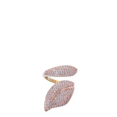 LEAF-SHAPED RING W/ ZIRCONS 14K GOLD PLATED