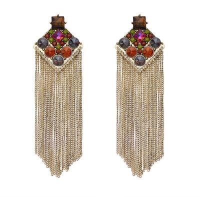 GOLD LONG EARRINGS W/ COLORED STONED FRINGES
