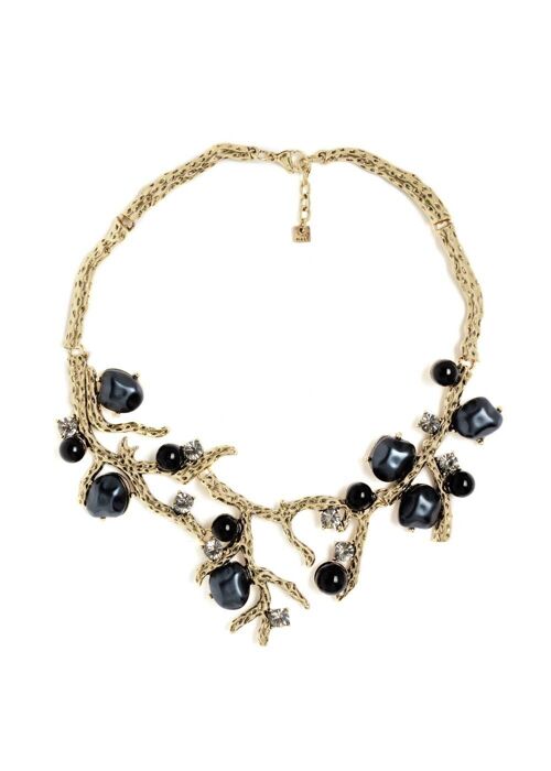 GOLD BRANCH-SHAPED NECKLACE W/BLACK RESIN&PEARLS