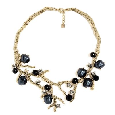 GOLD BRANCH-SHAPED NECKLACE W/BLACK RESIN&PEARLS