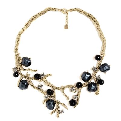 COLLIER EN FORME DE BRANCHE EN OR AVEC RÉSINE ET PERLES NOIRES