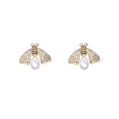 GOLD BEE LOBE EARRINGS W/ CRYSTALS & PEARLS