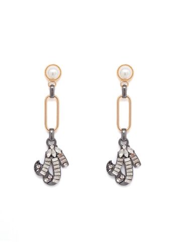 BOUCLES D'OREILLES LONGUES GRIS FONCÉ ET DORÉ AVEC PERLE 1