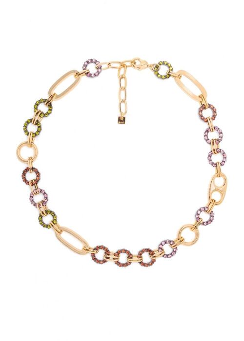 CREW-NECK NECKLACE W/ RINGS & COLORED CRYSTALS