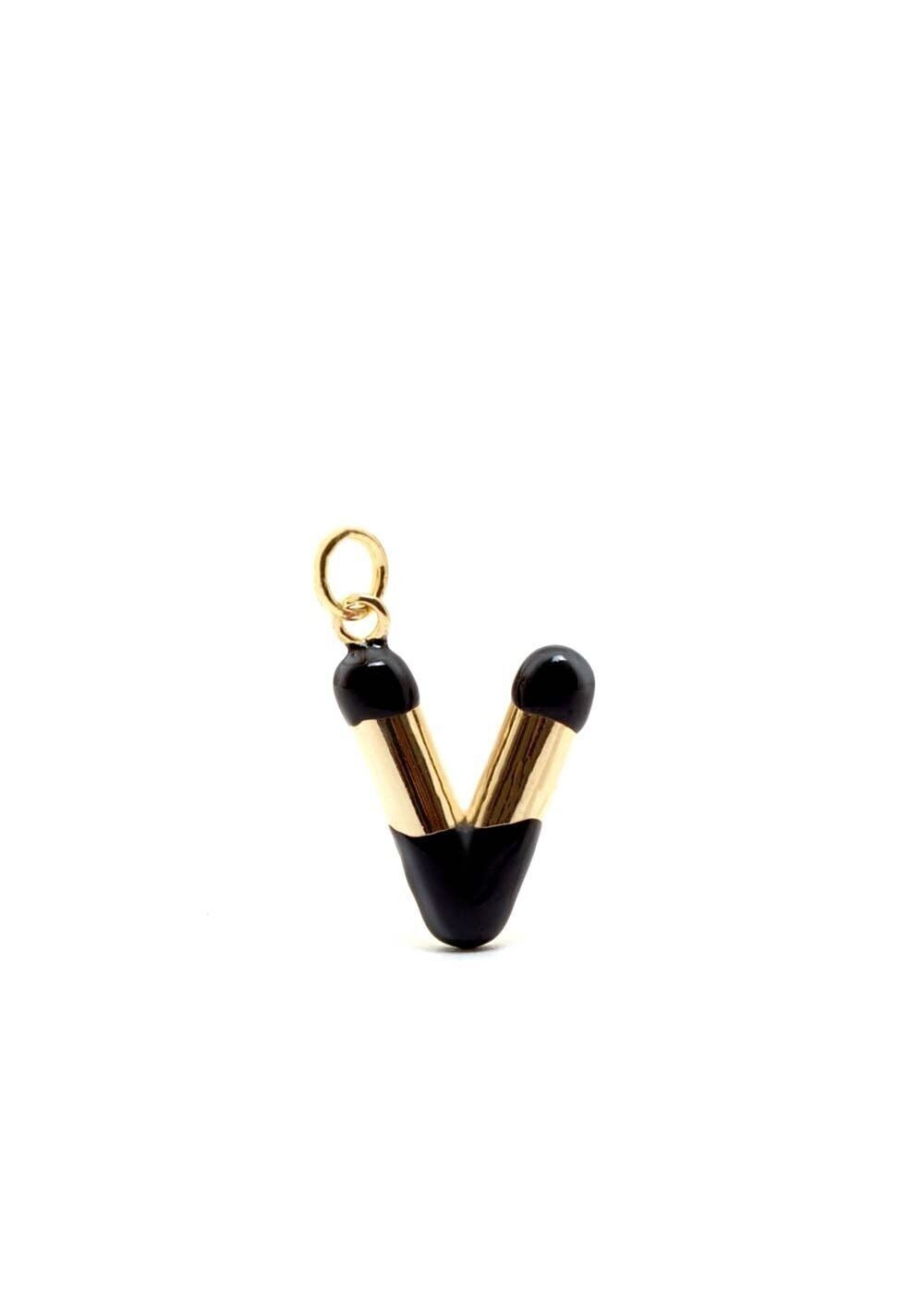 CHARM LETTER V BLACK ENAMEL 14KT GOLD PLATED