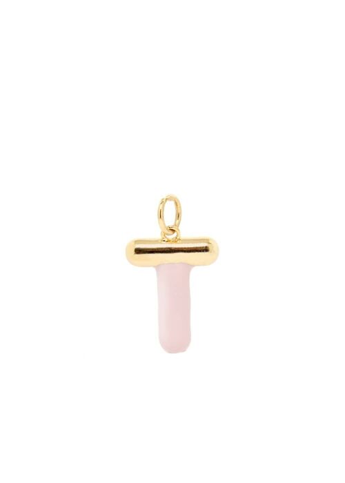 CHARM LETTER T PINK ENAMEL 14KT GOLD PLATED