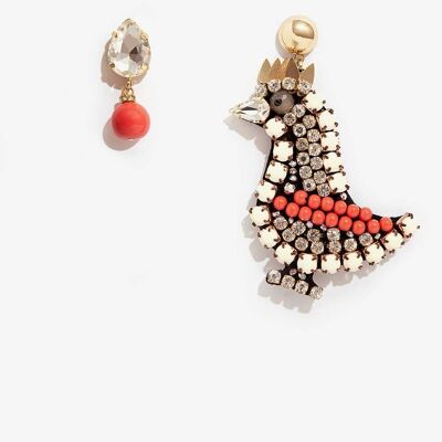 ASYMMETRIC EARRINGS WITH ROOSTER AND CORAL RED