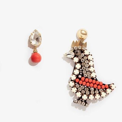 ASYMMETRIC EARRINGS WITH ROOSTER AND CORAL RED