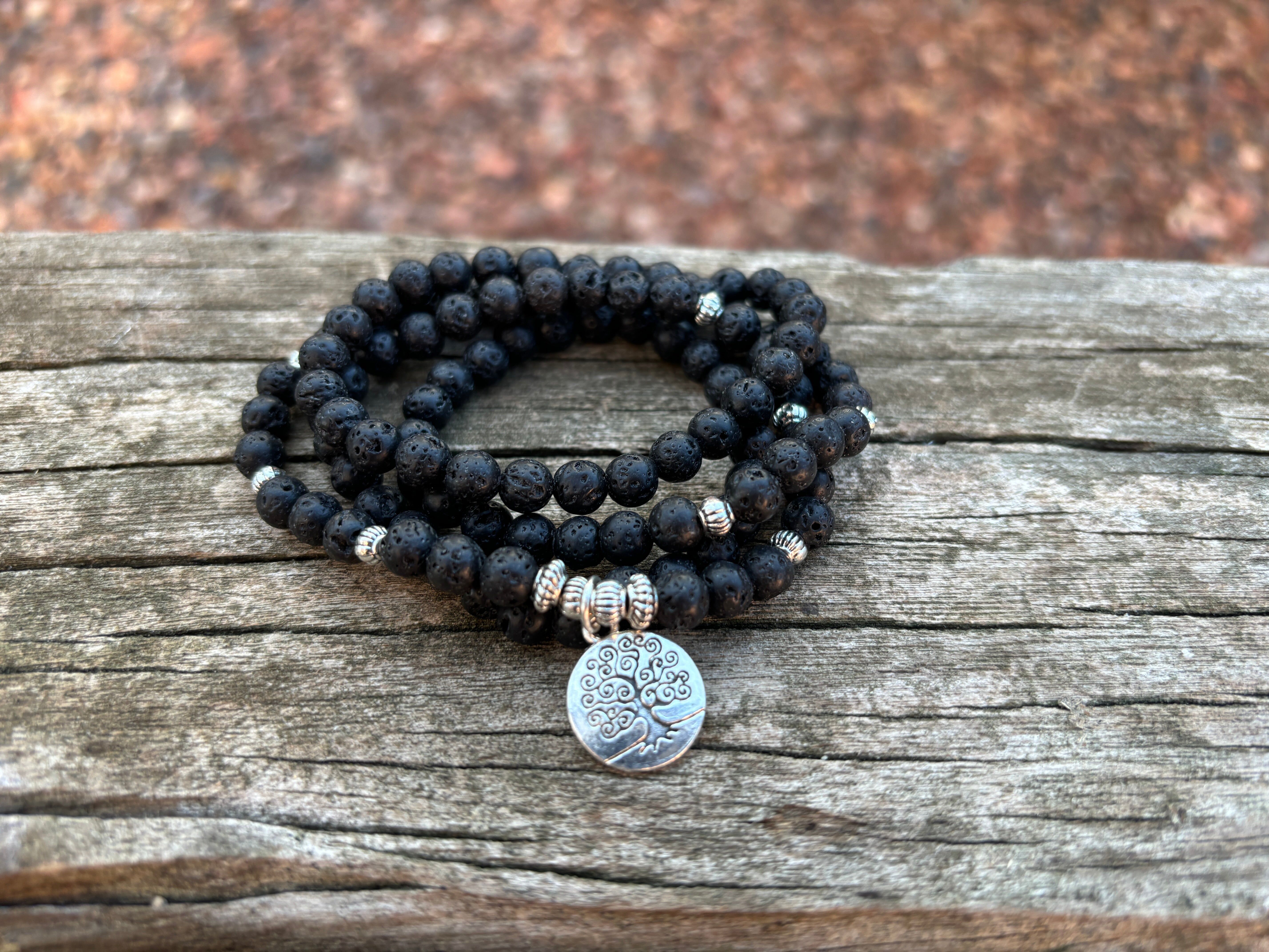 Tibetan Mala Bracelet in Lava Stone and Tree of Life charm