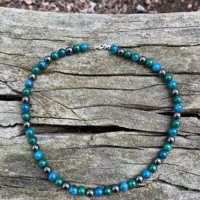 Lithotherapy necklace in Malachite, Hematite and Apatite, Made in France
