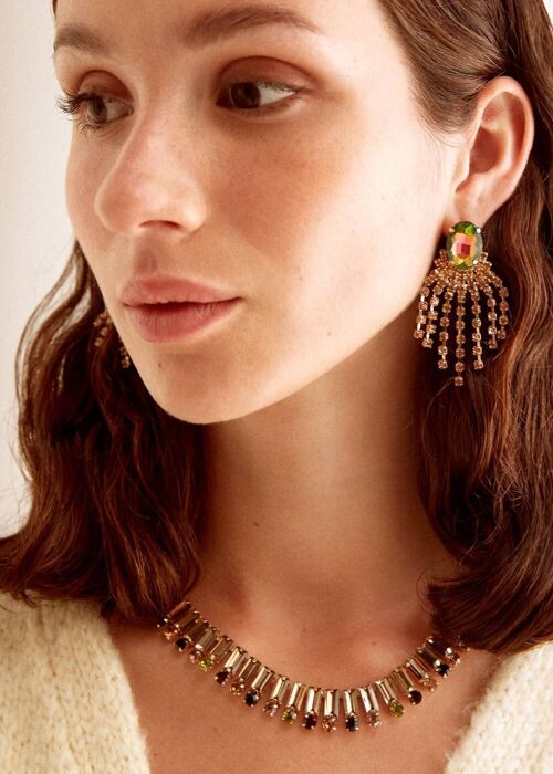 NINA EARRINGS WITH GOLD CRYSTAL FRINGES AND STONE